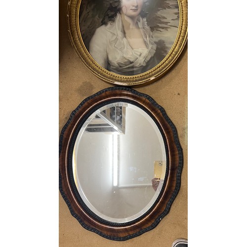 1296 - A 19thC gilt framed print of a lady 54cm x 45cm together with an oval mirror.