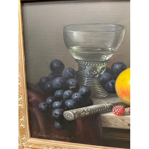 1342 - Brian Davies, a pair of still Life oil on canvas paintings in gilt frames. 24cm x 34cm.