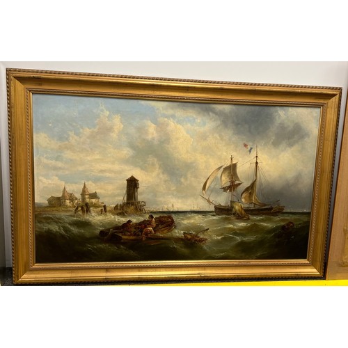 1344 - Alfred Montague ( British 1832-1883) 19thC oil on canvas seascape. Signed to rowing boat. 73cm x 124... 