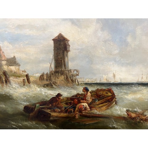 1344 - Alfred Montague ( British 1832-1883) 19thC oil on canvas seascape. Signed to rowing boat. 73cm x 124... 