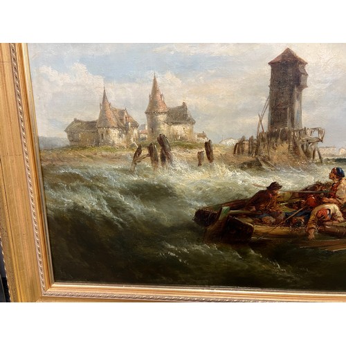 1344 - Alfred Montague ( British 1832-1883) 19thC oil on canvas seascape. Signed to rowing boat. 73cm x 124... 