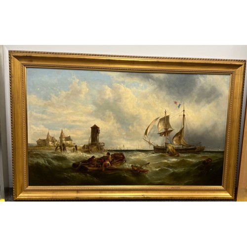 1344 - Alfred Montague ( British 1832-1883) 19thC oil on canvas seascape. Signed to rowing boat. 73cm x 124... 