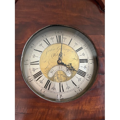 1263 - An oak longcase clock with brass face reading John Gilbertson Ripon 222 x 52cm.