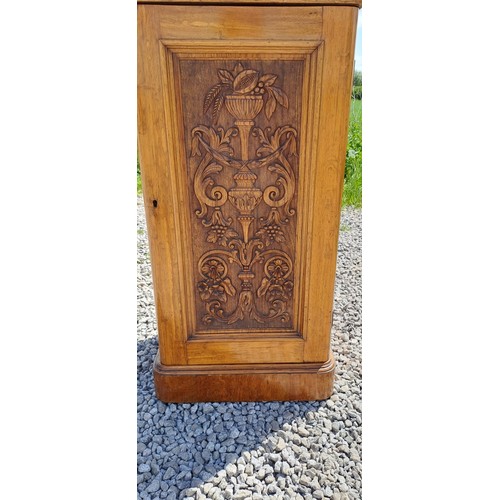 41 - A 19thC oak pot cupboard with single carved door to the front. 100cm h x 50cm w x 44cm d.