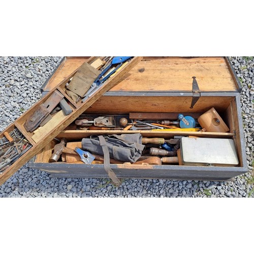 1327 - A vintage pine toolbox full of tools. 95cm w x 37cm d x 38cm h.