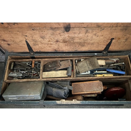 1327 - A vintage pine toolbox full of tools. 95cm w x 37cm d x 38cm h.