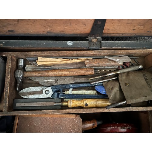 1327 - A vintage pine toolbox full of tools. 95cm w x 37cm d x 38cm h.