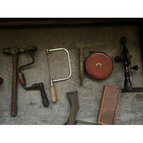 1327 - A vintage pine toolbox full of tools. 95cm w x 37cm d x 38cm h.