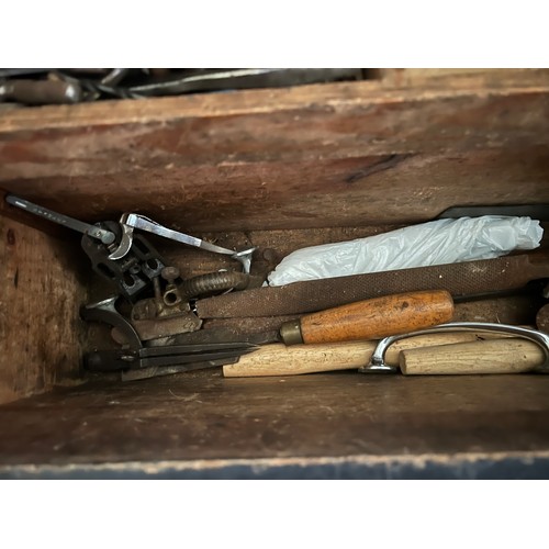 1327 - A vintage pine toolbox full of tools. 95cm w x 37cm d x 38cm h.