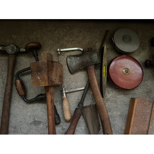 1327 - A vintage pine toolbox full of tools. 95cm w x 37cm d x 38cm h.