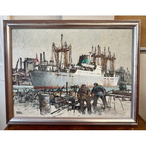 1422 - Harry Hudson Rodmell (British 1896-1984) oil on board, Hull dock scene.  Image size 44 x 59cm.