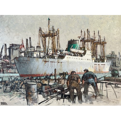 1422 - Harry Hudson Rodmell (British 1896-1984) oil on board, Hull dock scene.  Image size 44 x 59cm.