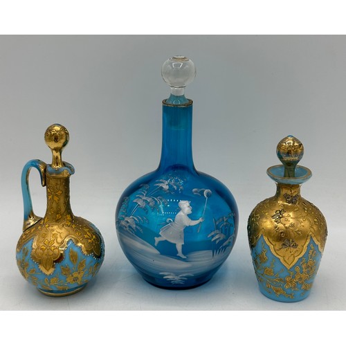 318 - A quantity of 19th and 20thC glass to include Bristol Blue, turquoise scent bottles, two with Mary G... 