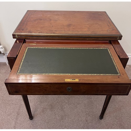 6 - A metamorphic continental mahogany and brass inlaid dressing/card table. 71 x 45.5 x 75cm h. Open 91... 