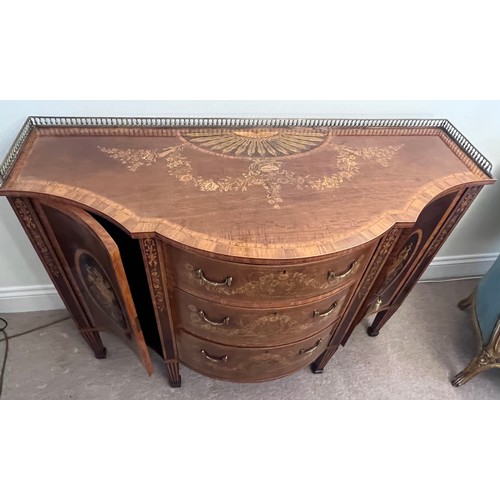 8 - A 19thC continental fine quality breakfront marquetry side cabinet with various woods including sati... 
