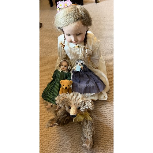 1071 - Dolls and teddies including late 19thC bisque headed doll in silk dress, wax headed doll and two mod... 