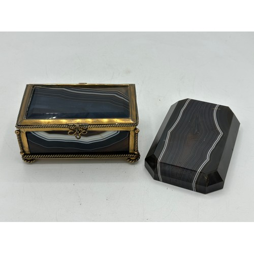 1334 - Two pieces of banded agate, one a paperweight 11.5 x 8cm and one rectangular box with gilt mounts 11... 