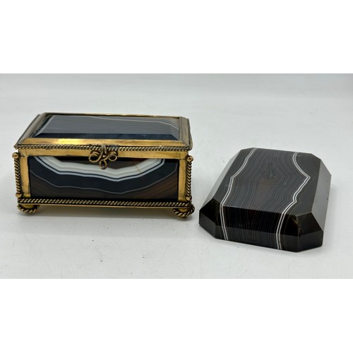 1334 - Two pieces of banded agate, one a paperweight 11.5 x 8cm and one rectangular box with gilt mounts 11... 