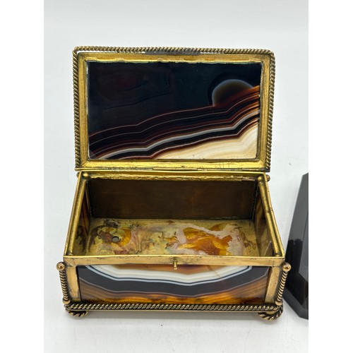 1334 - Two pieces of banded agate, one a paperweight 11.5 x 8cm and one rectangular box with gilt mounts 11... 