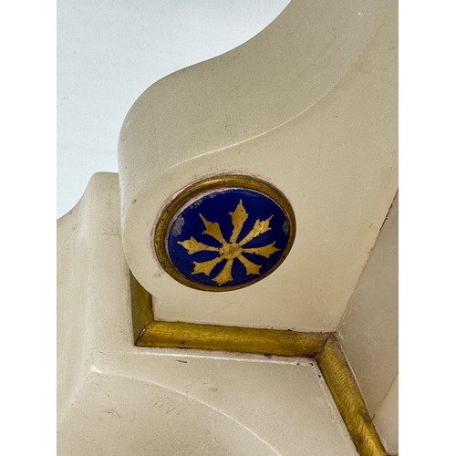 1264 - A French marble mantle clock with enamel decoration and movement signed D.C.&.Cie. Key and pendulum.... 