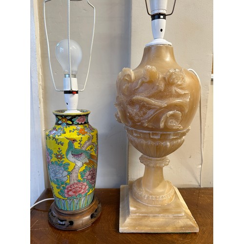 1232 - Two vintage Oriental style lamps. One heavy soapstone 53cm to fitting , the other ceramic.