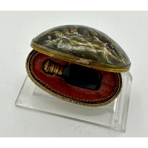 1400 - A fine quality mother of pearl miniature scent bottle holder with hand painted lid of ship in stormy... 