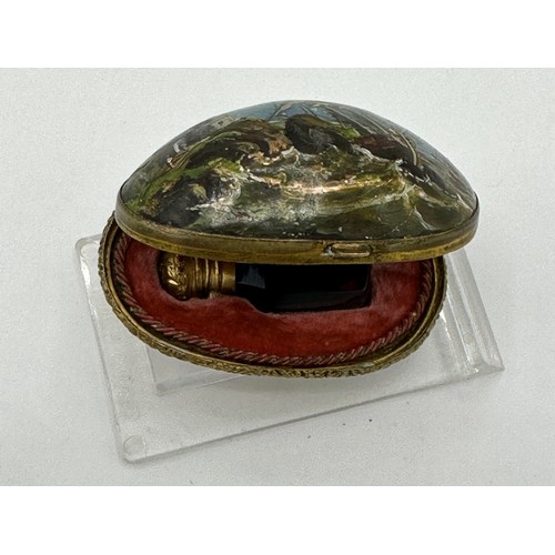 1400 - A fine quality mother of pearl miniature scent bottle holder with hand painted lid of ship in stormy... 