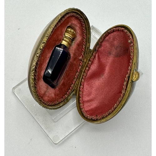 1400 - A fine quality mother of pearl miniature scent bottle holder with hand painted lid of ship in stormy... 