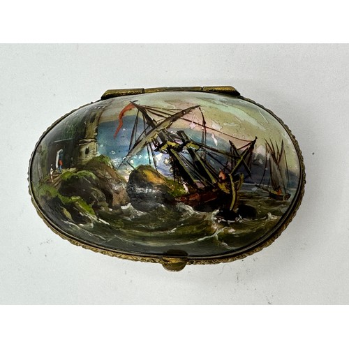 1400 - A fine quality mother of pearl miniature scent bottle holder with hand painted lid of ship in stormy... 