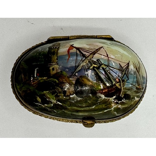 1400 - A fine quality mother of pearl miniature scent bottle holder with hand painted lid of ship in stormy... 