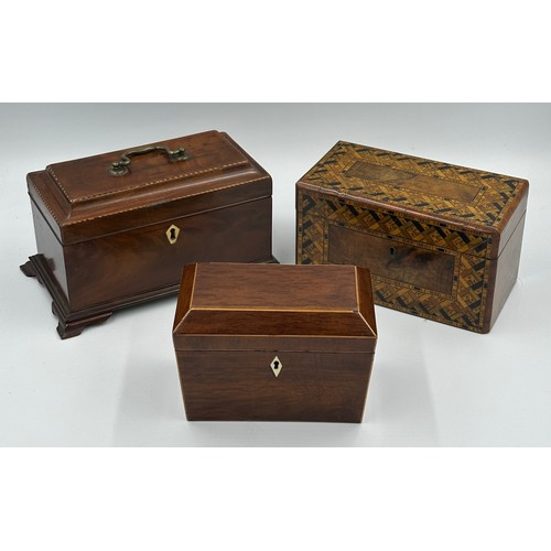 1170 - Two mahogany Georgian tea caddies with bone escutcheons and knops and a Tunbridge Ware caddy with wa... 