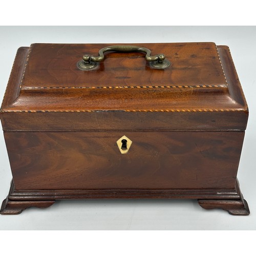 1170 - Two mahogany Georgian tea caddies with bone escutcheons and knops and a Tunbridge Ware caddy with wa... 