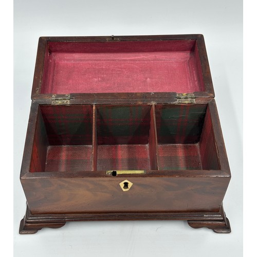 1170 - Two mahogany Georgian tea caddies with bone escutcheons and knops and a Tunbridge Ware caddy with wa... 