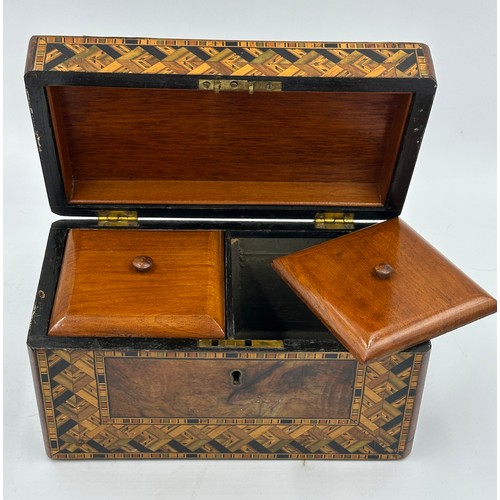 1170 - Two mahogany Georgian tea caddies with bone escutcheons and knops and a Tunbridge Ware caddy with wa... 