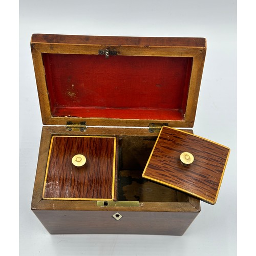 1170 - Two mahogany Georgian tea caddies with bone escutcheons and knops and a Tunbridge Ware caddy with wa... 