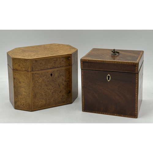 1172 - A circa 1800 burr elm ? single compartment tea caddy with stringing to edges together with a mahogan... 