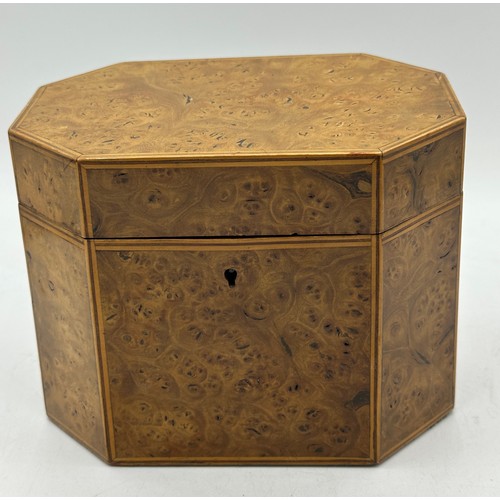 1172 - A circa 1800 burr elm ? single compartment tea caddy with stringing to edges together with a mahogan... 