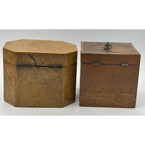 1172 - A circa 1800 burr elm ? single compartment tea caddy with stringing to edges together with a mahogan... 