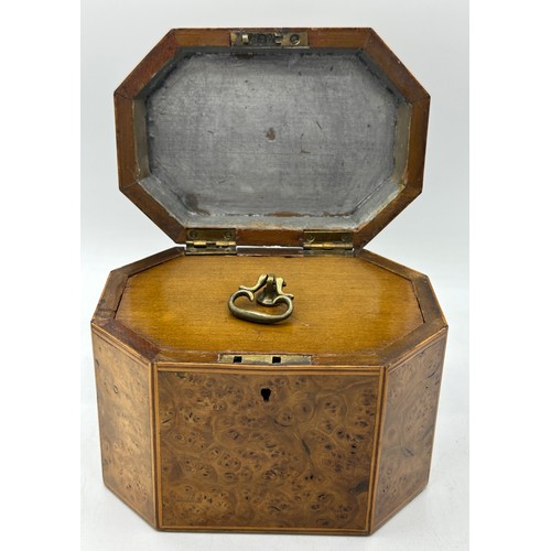 1172 - A circa 1800 burr elm ? single compartment tea caddy with stringing to edges together with a mahogan... 