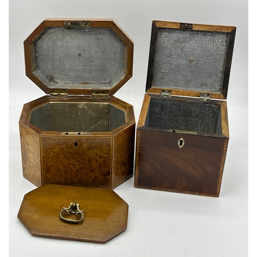 1172 - A circa 1800 burr elm ? single compartment tea caddy with stringing to edges together with a mahogan... 