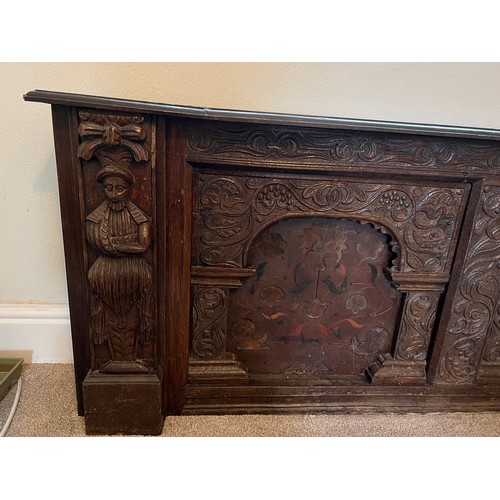 46 - Part of an oak over mantle with carving and marquetry. Originally from Ravine House in Filey, now a ... 