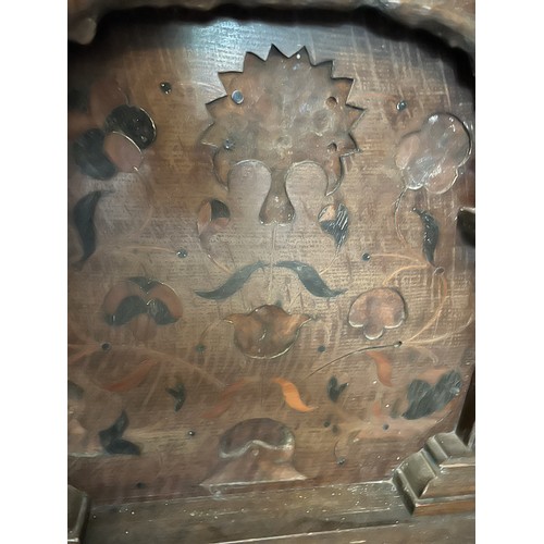 46 - Part of an oak over mantle with carving and marquetry. Originally from Ravine House in Filey, now a ... 