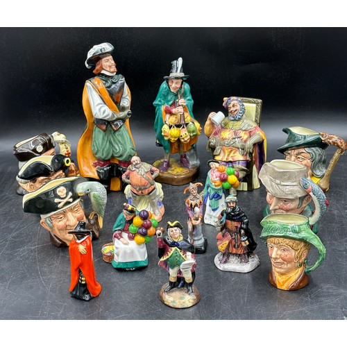 130 - Collection of Royal Doulton figurines and Toby Jugs to include Cavalier H.N. 2716 26cm h, The Mask S... 