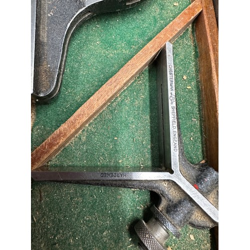 1325 - A Chesterman combination fitted square set made in Sheffield together with Moore & Wright calipers e... 