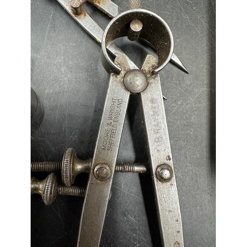 1325 - A Chesterman combination fitted square set made in Sheffield together with Moore & Wright calipers e... 