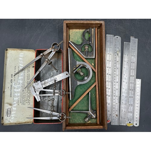 1325 - A Chesterman combination fitted square set made in Sheffield together with Moore & Wright calipers e... 