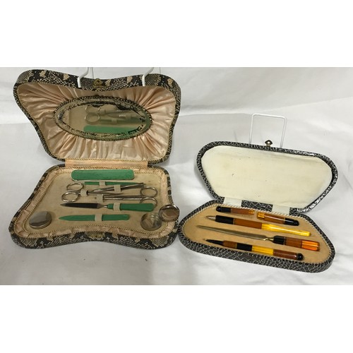 1323 - Manicure set, in a snake skin case, decorated in green onyx with an oval mirror in the lid measuring... 