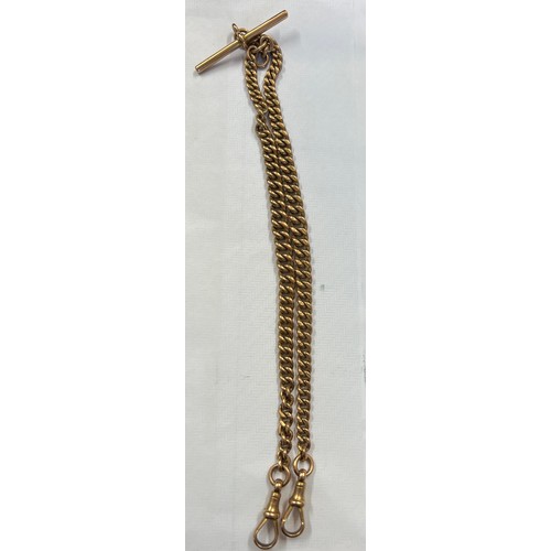 452 - A 9 carat gold watch chain with T bar. Marked to both clips, T bar and all links. Total weight 41.1g... 