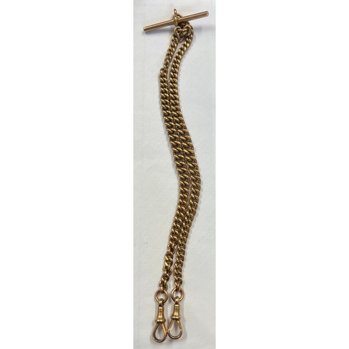 452 - A 9 carat gold watch chain with T bar. Marked to both clips, T bar and all links. Total weight 41.1g... 