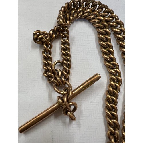 452 - A 9 carat gold watch chain with T bar. Marked to both clips, T bar and all links. Total weight 41.1g... 